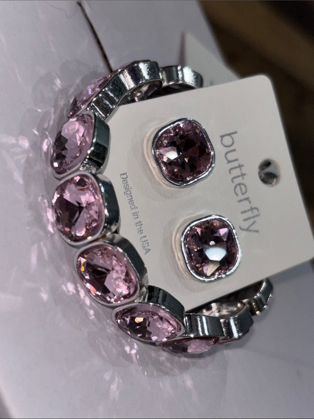 Butter Pink Crystal Bracelet and Stud Earrings Set
